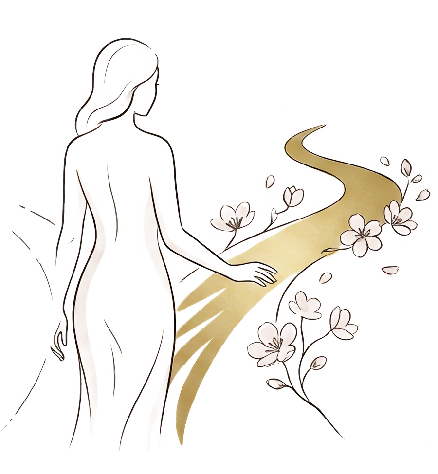 Illustrazione a linea: una donna di spalle sfiora un sentiero dorato tra fiori di ciliegio